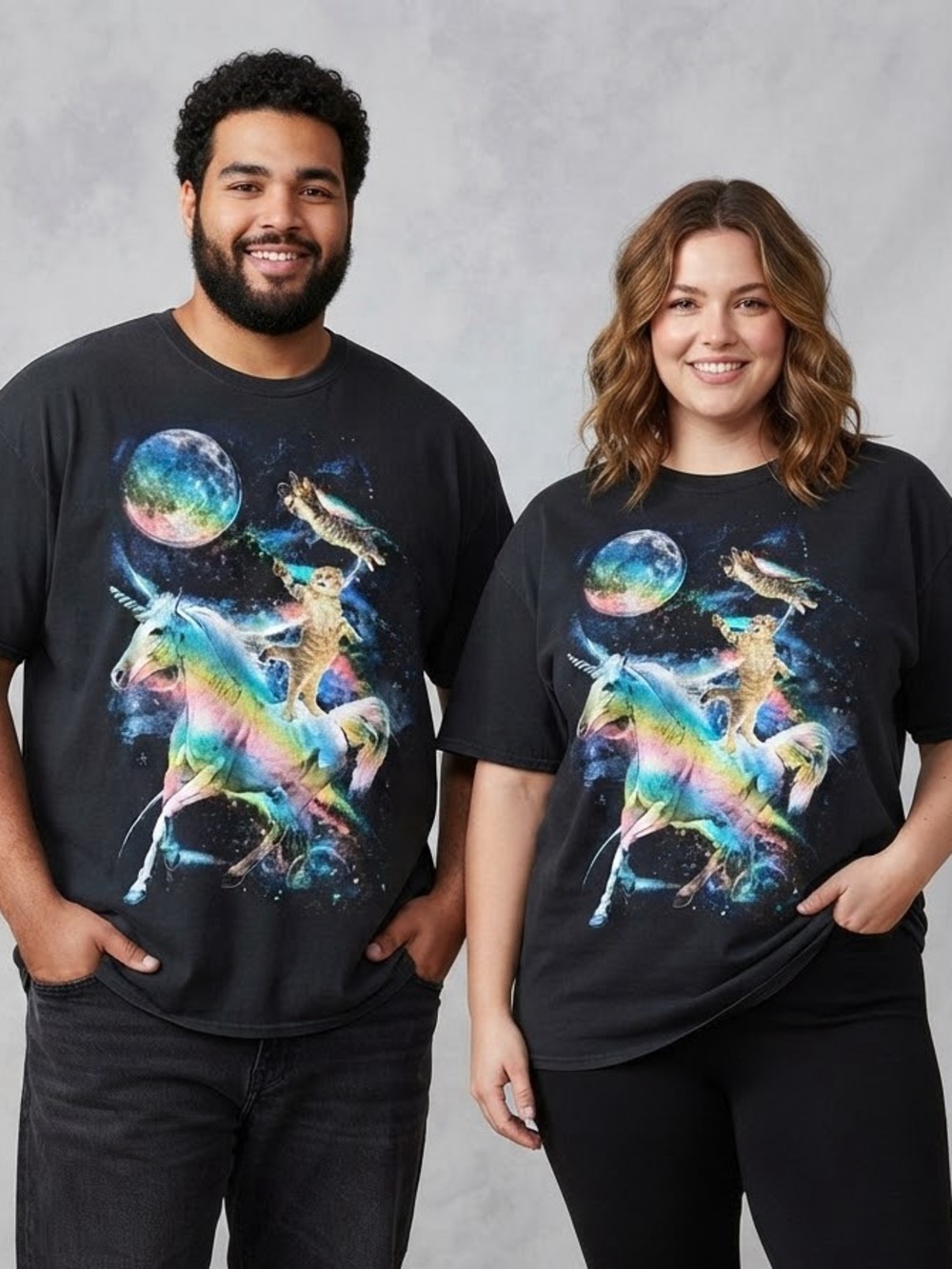 Psychedelic Cats Riding A Unicorn In Space Graphic Tee XL 22.5” p2p Black EUC